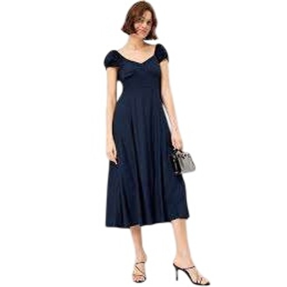 Old Navy Fit & Flare Midi Dress 3X Navy Blue Puff Sleeve Smocked Flattering